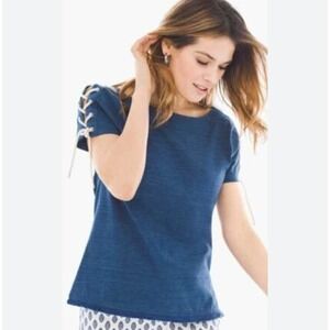 Chicos Blue Cotton Top Lace Up Eyelet Short Sleeve Fringe Hem Women